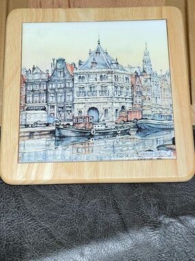 Anton Pieck Wood-Framed Canal Print on ceramic tile- Beige, Black, Blue